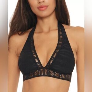 NEW BECCA Black Crochet Courtney Color Play Halter Bikini Top M